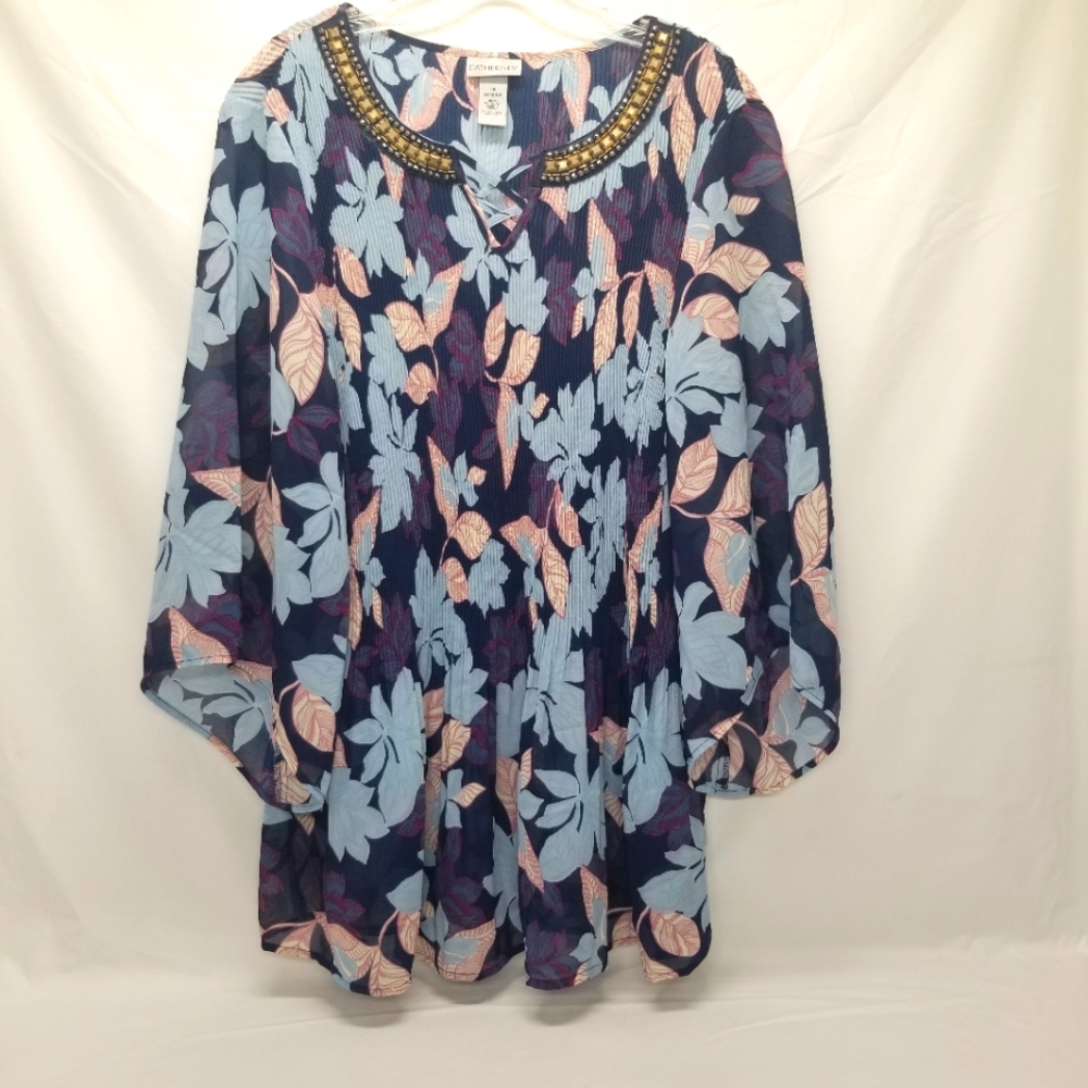 Catherines Womans Tunic Size 1XL 18/20W Blue Floral Pleated Chiffon Beaded